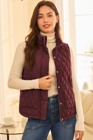 Wild Ginger Flower Shape Quilted Snap Button Zip Up Winter Vest - Image 2
