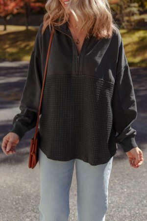 Carbon Grey Waffle Knit Patchwork Half Zipped Casual Sweatshirt - Image 3