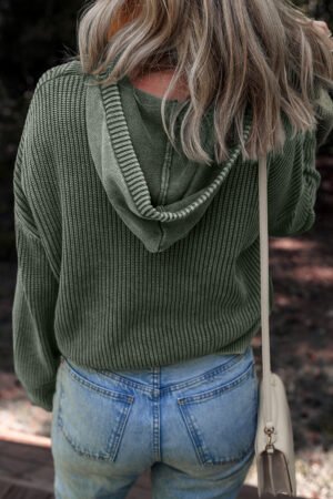 Mist Green Mineral Wash Ribbed Knit Button Drawstring Neck Hooded Sweater - Image 2