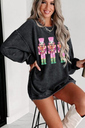 Alternative view of Black Christmas Sequined Nutcrackers Mineral Wash Corded Sweatshirt