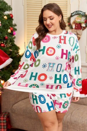 White Plus Size Christmas Ho Ho Ho Print Long Sleeve Top and Shorts 2pc Lounge Set - Image 3