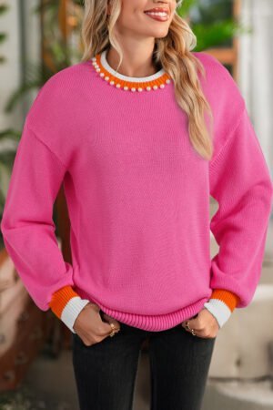 Sachet Pink Contrast Crew Neck Pearled Decor Drop Shoulder Knit Sweater - Image 4