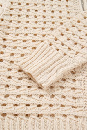 Beige Hollowed Pattern Knit Zip Up Drop Shoulder Sweater Cardigan - Image 11