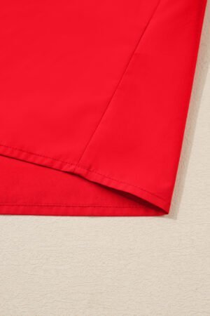 Fiery Red Striped Trim Ruffle Split Neck Long Sleeve Blouse - Image 8