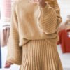 Smoke Gray High Neck Puff Sleeve Sweater Pleated Mini Skirt 2pcs Knitted Outfit