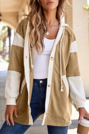 Light French Beige Waffle Contrast Knit Color Block Patchwork Button Front Oversize Hoodie - Image 5