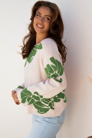 Green Bold Flower Pattern Wide Sleeve Baggy Sweater - Image 2