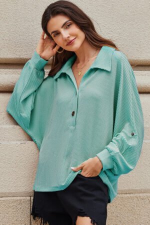 Light Blue Oversized Twist Ribbed Collared Henley Top with Roll up Sleeve - Image 2