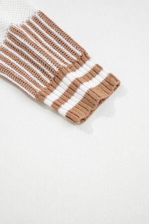 Khaki Two Tone Striped Patchwork Drop Shoulder Loose Sweater - Image 7
