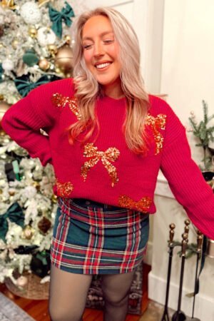 Fiery Red Sequin Bow Accent Drop Shoulder Festive Sweater - Image 3