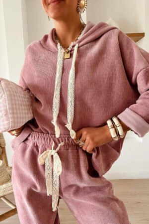 Alternative view of Rose Tan Lace Drawstring Pullover Hoodie and High Waist Pants Corduroy Suit
