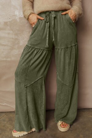 Vineyard Green Mineral Wash Tiered Wide Leg Patchwork Drawstring Pants - Image 4