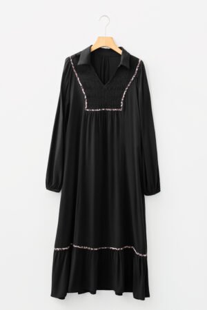 Black Collared V Neck Smocked Detail Contrast Leopard Trim Bracelet Sleeve Long Dress - Image 4