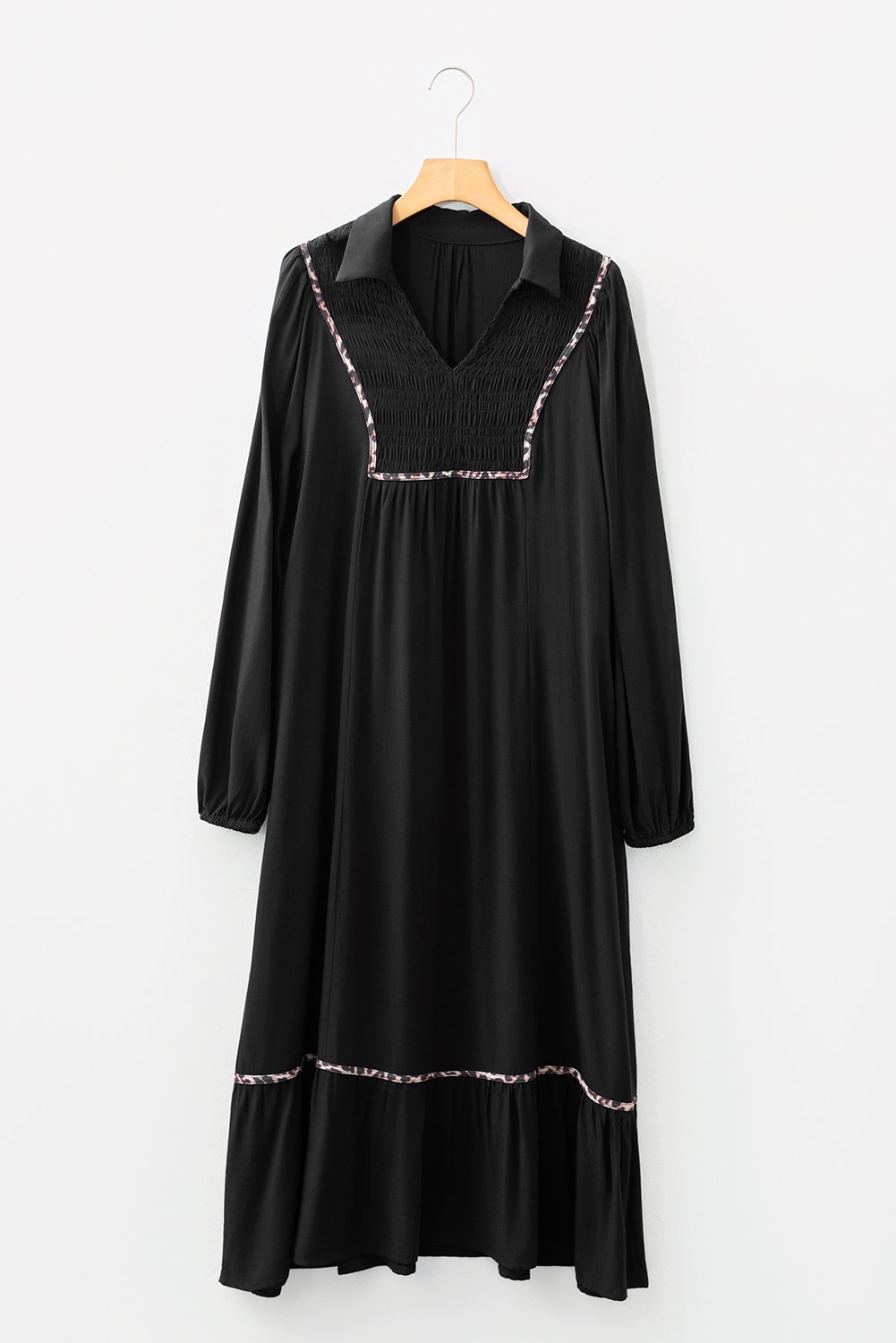 Black Collared V Neck Smocked Detail Contrast Leopard Trim Bracelet Sleeve Long Dress Black Collared V Neck Smocked Detail Contrast Leopard Trim Bracelet Sleeve Long Dress
