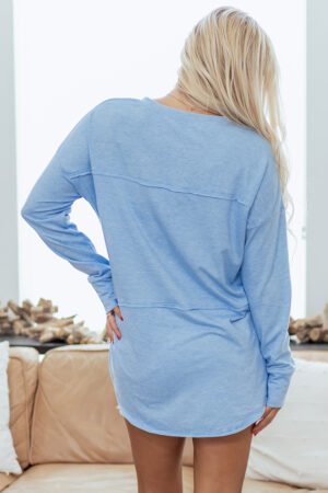 Myosotis Notched Neck Terry Raw Hem Long Sleeve Top - Image 4