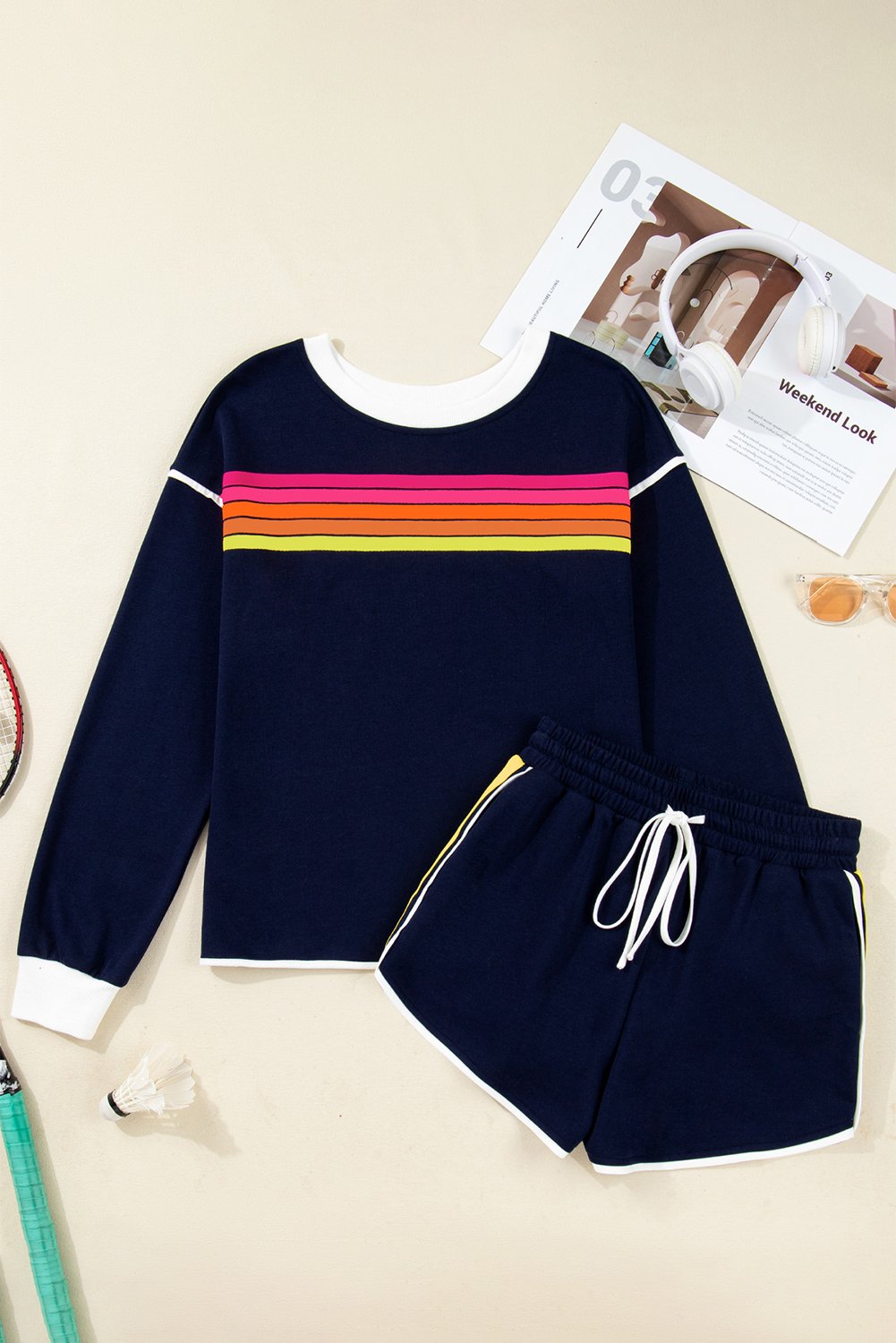 Bluing Colorful Striped Accent Varsity Long Sleeve Pullover and Shorts Matching Set Bluing Colorful Striped Accent Varsity Long Sleeve Pullover and Shorts Matching Set