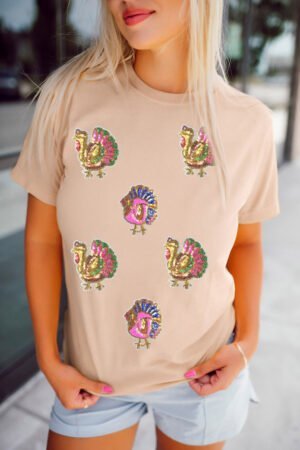 Khaki Sequin Turkey Patched Thanksgiving Graphic Tee - Image 2