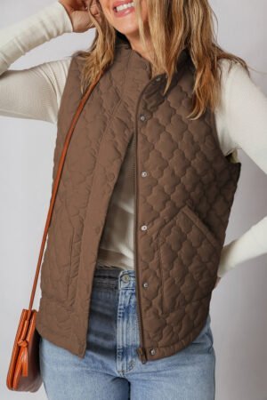 Dark Brown Flower Shape Quilted Snap Button Zip Up Winter Vest - Image 2