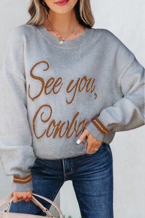 Light Grey See You Cowboy Embroidered Western Graphic Sweater