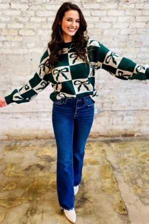 Alternative view of Blackish Green Checkered Bow Print Casual Sweater