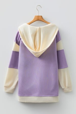 Orchid Petal Waffle Contrast Knit Color Block Patchwork Button Front Oversize Hoodie - Image 7