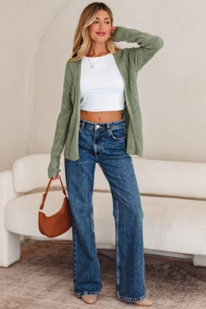 Green Bay Scalloped Edge Eyelet Knit Batwing Sleeve Cardigan - Image 7