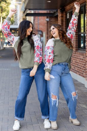 Laurel Green Floral Patchwork Long Sleeve Ribbed Blouse - Image 5