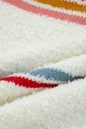 White Multicolored Striped Accent Hooded Popcorn Sweater - Image 9