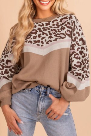 Straw Yellow Leopard Color Block Knit Round Neck Baggy Sweater