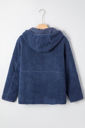 Navy Blue Fleece Zip Up Drawstring Hooded Pocketed Jacket - Image 10