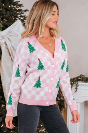Pink Checkered Christmas Tree Pattern Button V Neck Cardigan Sweater - Image 4