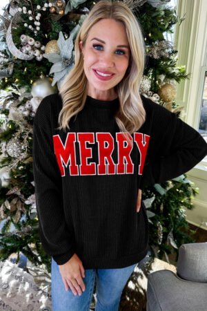 Black Twisted Rib Outlined Merry Letter Graphic Loose Long Sleeve Top - Image 3
