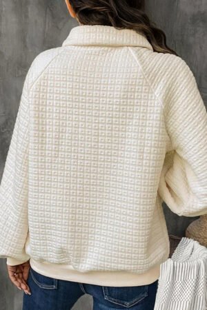 Beige Pineapple Textured Half Button Collared Sweatshirt - Image 2