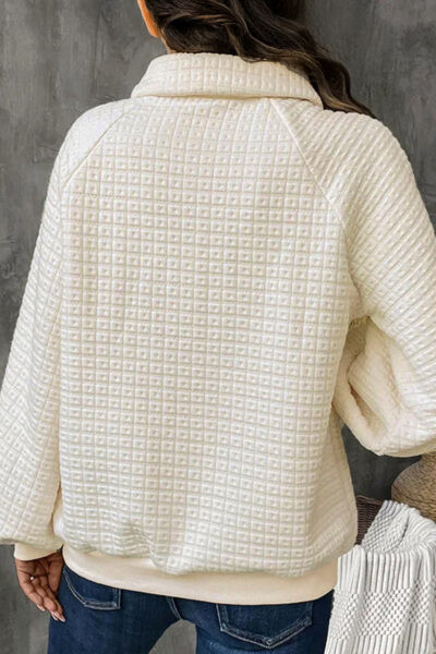 Beige Pineapple Textured Half Button Collared Sweatshirt