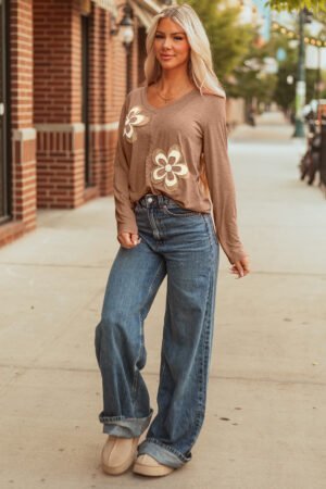 Straw Yellow Floral Patchwork V Neck Long Sleeve T Shirt - Image 4