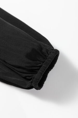 Black Collared V Neck Smocked Detail Contrast Leopard Trim Bracelet Sleeve Long Dress - Image 7