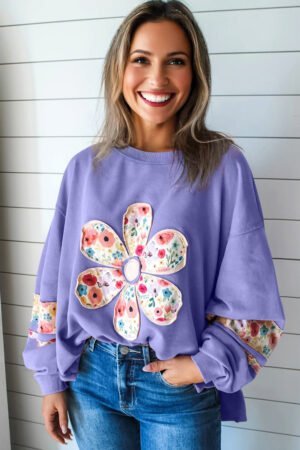 Wisteria Floral Applique Baggy Pullover Sweatshirt - Image 3