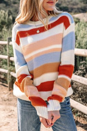 Pink Striped Colorblock Round Neck Drop Shoulder Sweater - Image 17