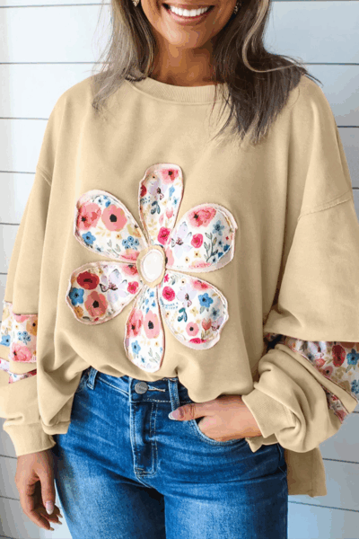 Pale Khaki Floral Applique Baggy Pullover Sweatshirt