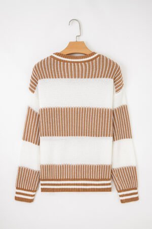 Khaki Two Tone Striped Patchwork Drop Shoulder Loose Sweater - Image 4