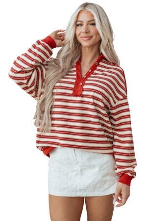 Red Stripe Buttoned V Neck Collared Drop Shoulder Top - Image 17