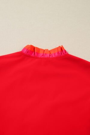 Fiery Red Striped Trim Ruffle Split Neck Long Sleeve Blouse - Image 6