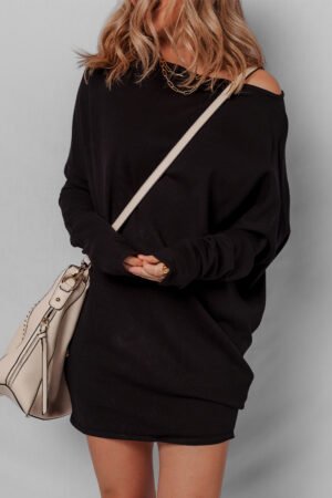Black Asymmetric Neck Batwing Sleeve Shift Mini Sweater Dress - Image 6
