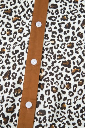 Khaki Plus Size Button V Neck Leopard Print Puff Sleeve Loose Mini Dress - Image 15