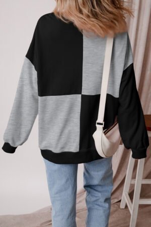 Color black Colorblock Henley High Low Oversize Sweatshirt - Image 4