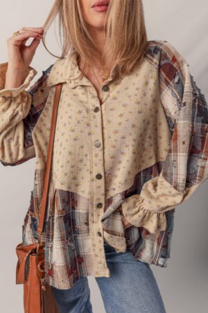 Ashleigh Blue Boho Floral Plaid Patchwork Distressed Detail Ruffled Sleeve Waffle Knit Shacket - Image 3