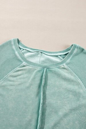 Mineral Blue Solid Waffle Knit Patchwork Raglan Sleeve Sweatshirt - Image 5