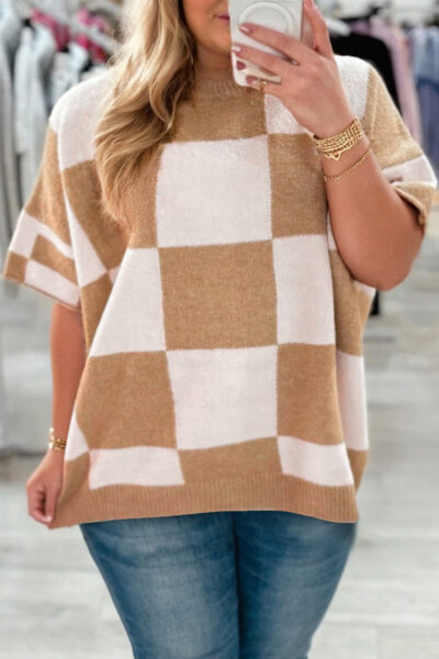 Light French Beige Plus Size Checkered Pattern Knit Short Sleeve Sweater