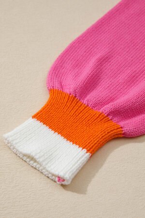Sachet Pink Contrast Crew Neck Pearled Decor Drop Shoulder Knit Sweater - Image 7