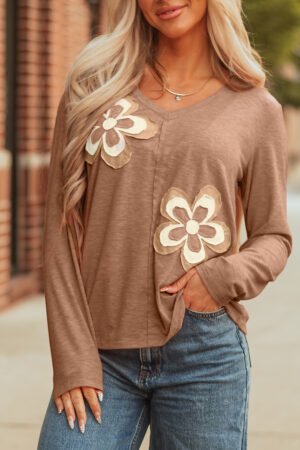 Straw Yellow Floral Patchwork V Neck Long Sleeve T Shirt - Image 6